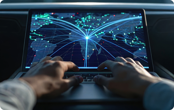 Global network visual on a laptop representing Hans' impact